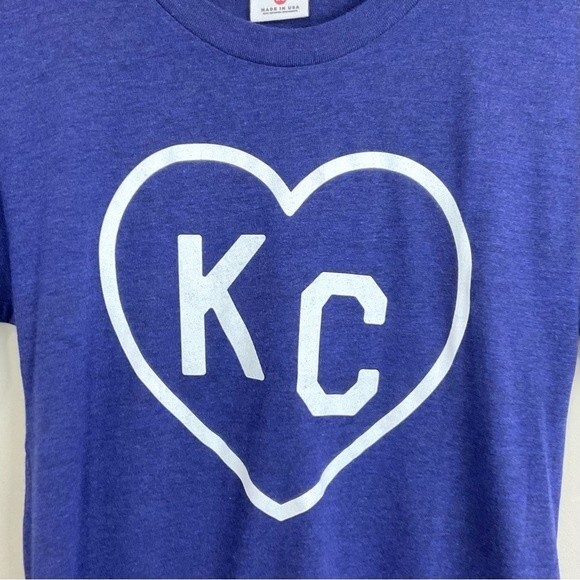Charlie Hustle Blue KC Tee Shirt Heart Ladies Sz XS Slim Kansas City Local New - Picture 3 of 5